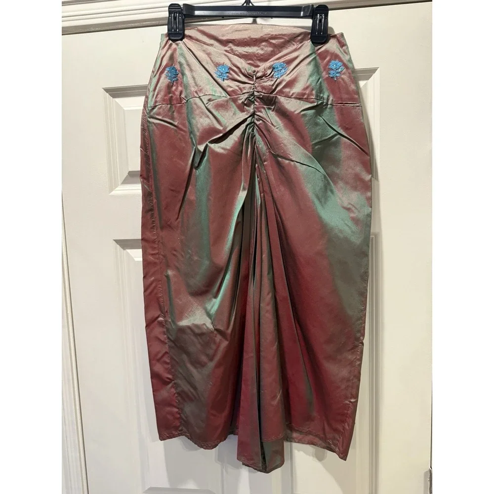 Vtg 90s Y2K Free People Silk Floral Embroidered Iridescent Midi Bussell Skirt - Picture 9 of 11